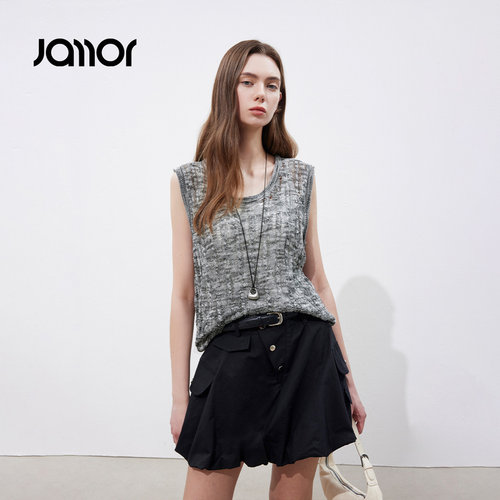 Jamor加墨时尚镂空灰色渐变无袖针织马甲背心上衣女2026夏季新款