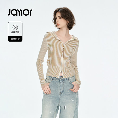 Jamor加墨显瘦竖条纹连帽针织衫双拉链开衫上衣女装2026秋季新款