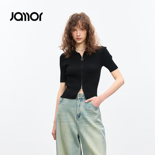 针织衫 新款 Jamor黑色polo领短袖 2025夏季 拉链开衫 上衣女装