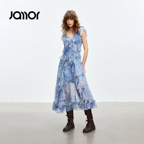 Jamor时尚荷叶边碎花连衣裙2026夏季新款开叉中长款设计感碎花裙