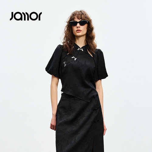 Jamor时尚醋酸黑色暗纹新中式旗袍盘扣上衣小衫2026夏季新款女装