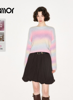 Jamor加墨条纹圆领针织衫上衣甜美渐变色马海毛2025秋冬新款好看