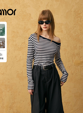Jamor加墨时尚经典条纹长袖T恤上衣斜肩设计感女装2025秋冬季新款