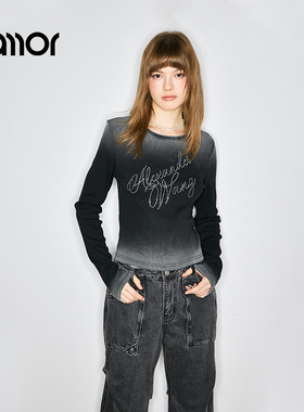 Jamor加墨时尚渐变烫钻长袖T恤上衣好看2025秋冬季新款