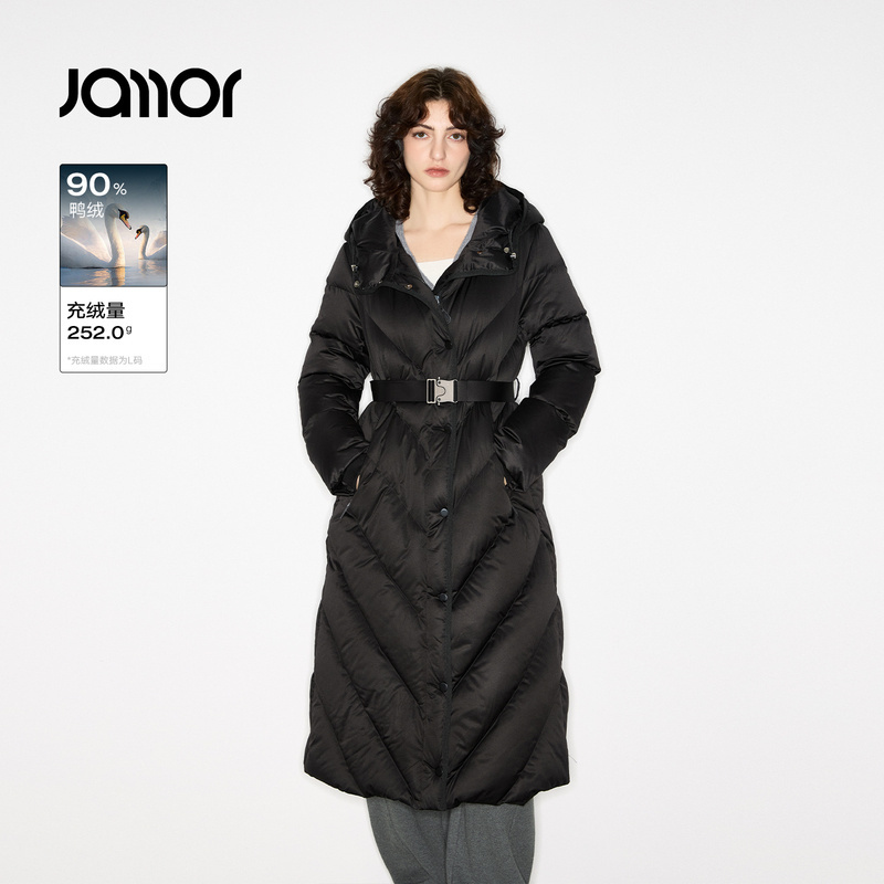【商场同款】Jamor加墨时尚收腰黑色长款羽绒服保暖外套2025冬季