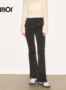 Jamor加墨时尚黑色修身微喇牛仔裤2025秋冬新款带钻薄绒显瘦裤