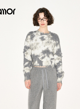 Jamor加墨时尚灰色花纹针织衫上衣印染渐变色2025秋冬新款毛衣