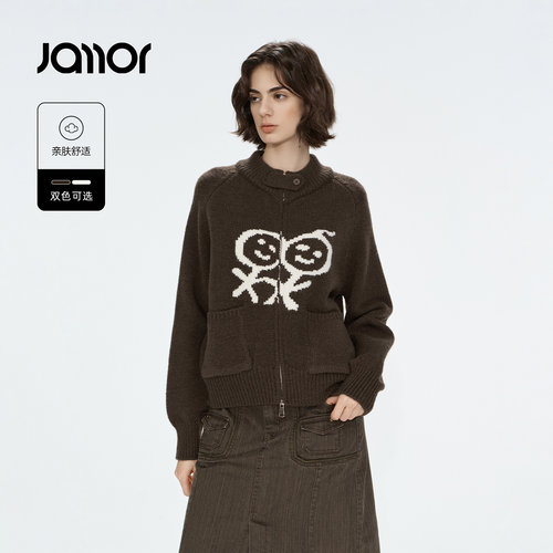 Jamor加墨半高领双拉链毛针织衫开衫插肩袖趣味休闲女2026冬新款