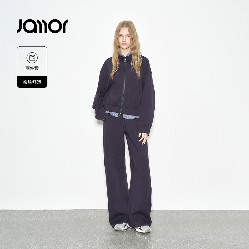 Jamor加墨时尚格纹拼接休闲套装上衣显瘦直筒裤子2026春季新款