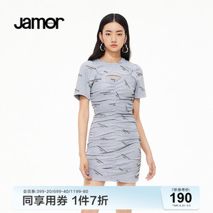 胸前镂空辣妹连衣裙 Jamor字母印花包臀连衣裙女夏季 新品