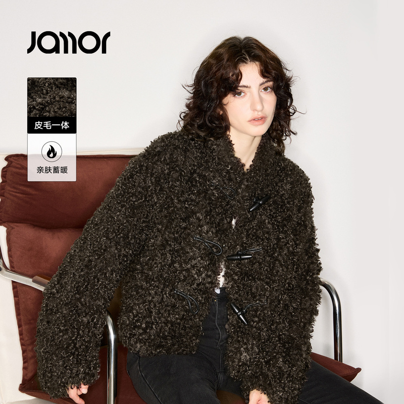 Jamor加墨时尚高级颗粒保暖外套牛角扣女装上衣2025冬季新款