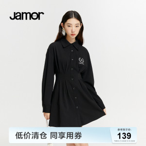 Jamor黑色衬衫连衣裙女春夏新款收腰显瘦学院风运动休闲裙子加末