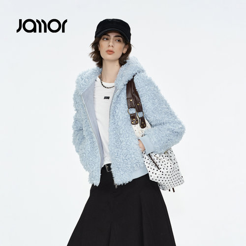 Jamor加墨温柔少女感卷卷毛连帽短外套保暖女装休闲2026冬季新款