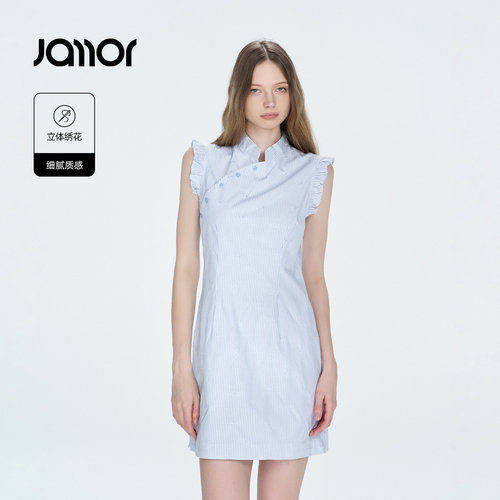 Jamor加墨清新条纹新中式木耳边旗袍连衣裙刺绣少女2026夏季新款