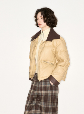 Jamor加墨时尚翻领皮质感羽绒服拼接短款保暖外套