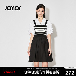 Jamor假两件黑白条纹拼接连衣裙女2024春夏新款 甜美连衣裙 泡泡袖