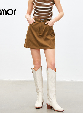 Jamor时尚辣妹咖色半身裙2025秋冬新款美拉德麂皮A半裙子加墨