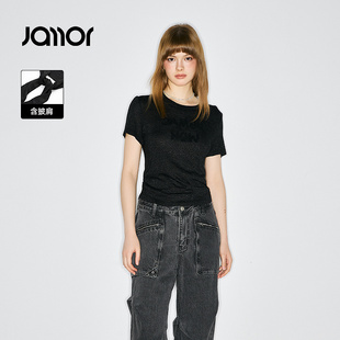 Jamor时尚带披肩T恤套装2025秋冬季新款个性针织短袖上衣女装黑色