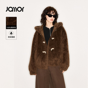 Jamor加墨连帽绵羊毛保暖外套牛角扣休闲女装上衣2025冬季新款