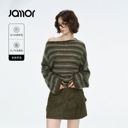 Jamor复古条纹镂空针织衫女斜肩慵懒马海毛露肩毛衣2026冬季新款