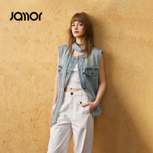 Jamor加墨时尚牛仔蓝无袖牛仔马甲外套上衣2026春季新款女装
