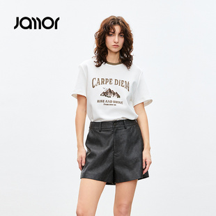 Jamor圆领休闲简约T恤女2025年春装 涂鸦上衣加末 新款 正肩显瘦时尚