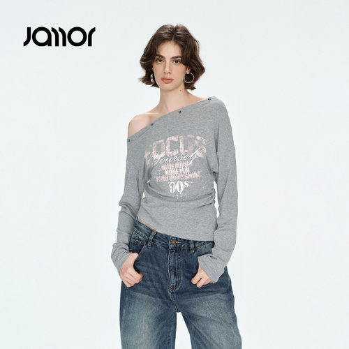 Jamor加墨时尚斜领收腰褶皱显瘦T恤女装上衣Y2K 千禧辣妹2026秋