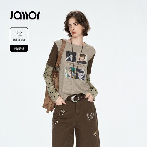 Jamor加墨美式复古波点拼接假两件宽松休闲T恤上衣女装2026秋季