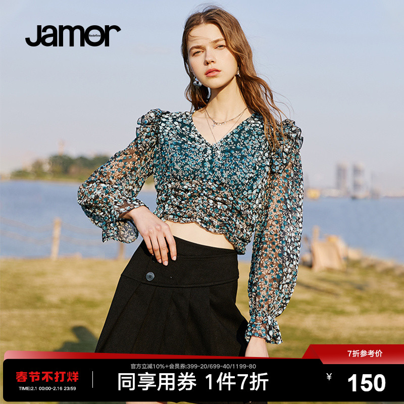 jamor春装新款女装蓝色花纹雪纺衫女时尚甜美短上衣加墨潮流