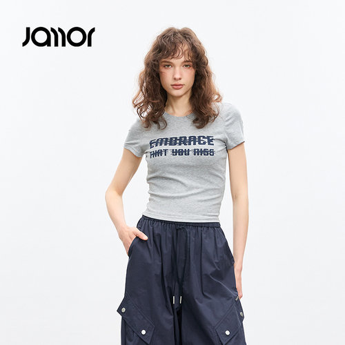 Jamor时尚短袖T恤灰色修身上衣2026夏季新款女装