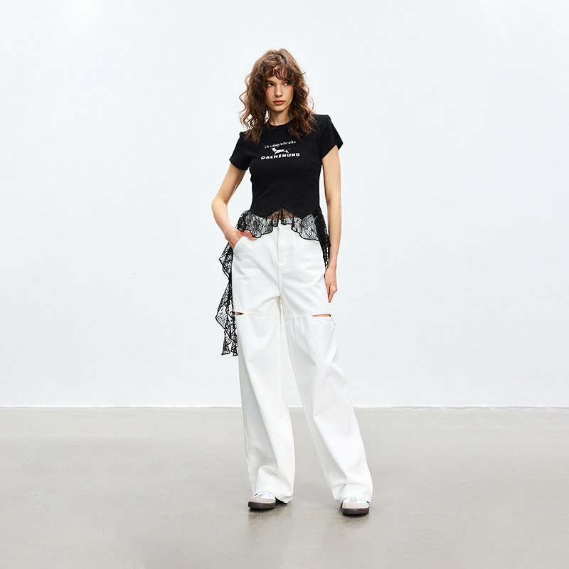 【蜜蜂欢乐社】Jamor时尚蕾丝拼接黑色T恤短款2026夏季新款修身