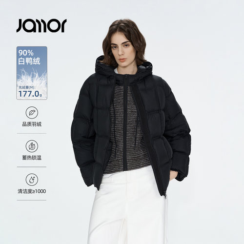 Jamor加墨极简圆领方格绗缝宽松舒适羽绒服外套保暖女装2026冬新