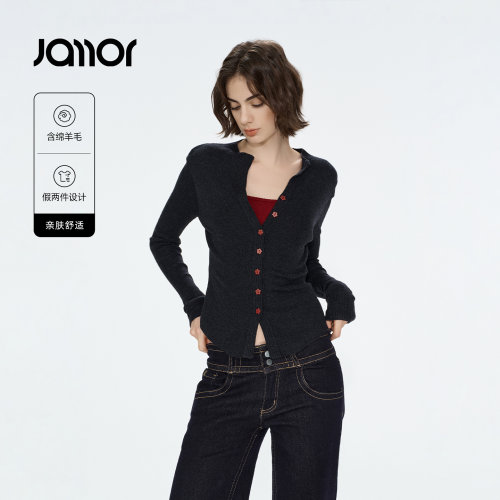 Jamor加墨复古修身坑条针织开衫女 V 领撞色辣妹纸片2026冬季新款