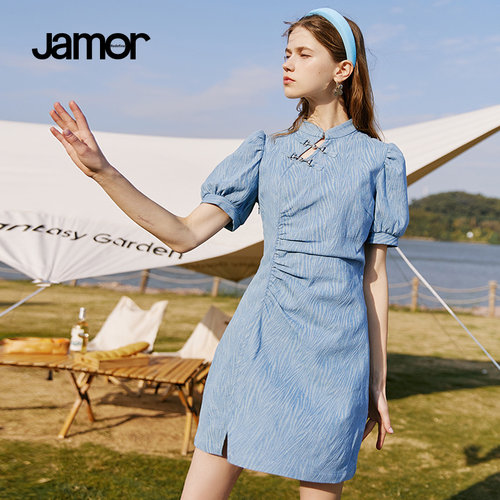 Jamor新款复古风牛仔旗袍连衣裙