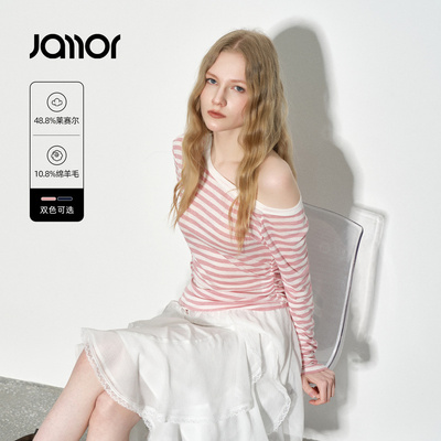 Jamor时尚经典条纹长袖T恤上衣斜肩设计感女装2026夏季新款呼吸感