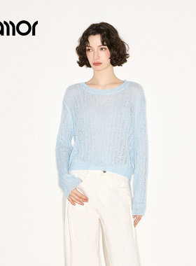 Jamor加墨时尚薄款蓝色针织衫套头上衣短款显瘦2025秋冬季新款