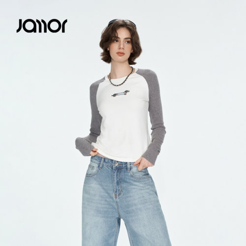 Jamor加墨美式复古插肩袖学院休闲风T恤女装上衣2026秋冬新款
