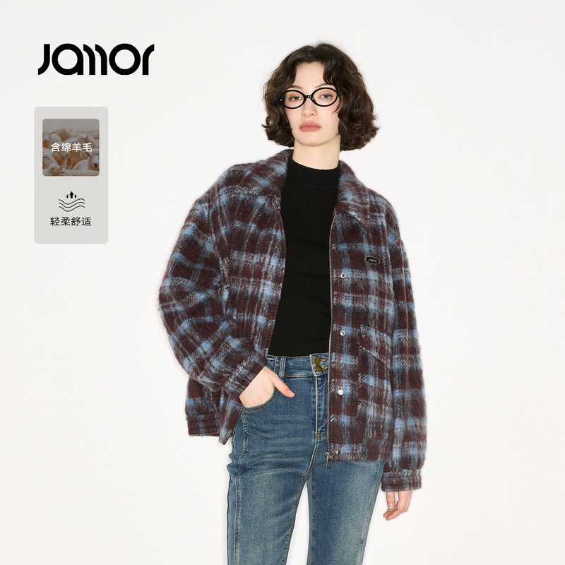 Jamor加墨时尚夹克型毛呢外套潮流格纹大衣女士拉链2025冬季新款