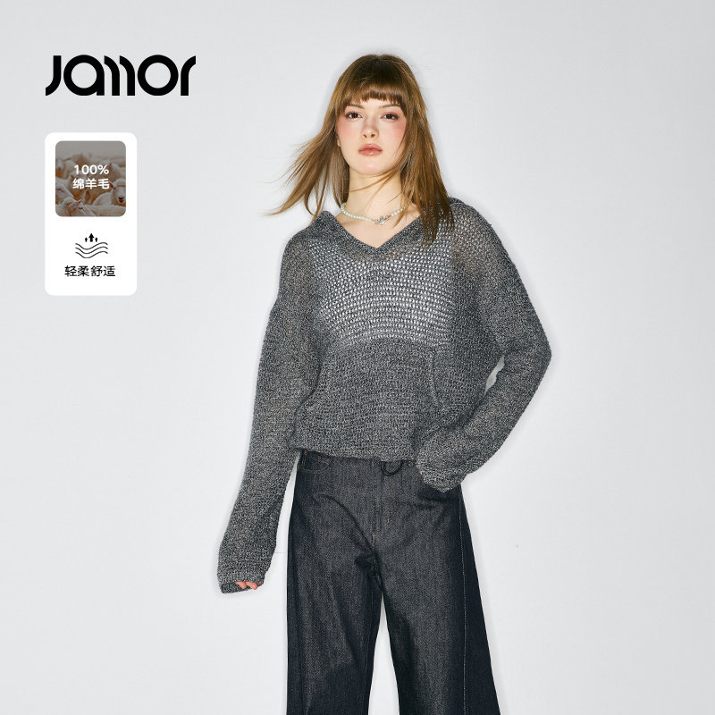 Jamor加墨时尚连帽100%绵羊毛薄款针织衫套头上衣2025年秋冬新款