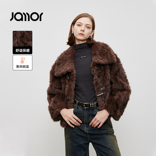 新款 Jamor咖色翻领毛毛外套女2025冬季 美拉德牛角扣甜美上衣