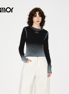Jamor加墨时尚渐变色薄绒打底圆领T恤上衣辣妹休闲上衣2025秋冬新