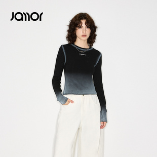 Jamor加墨时尚渐变色薄绒打底圆领T恤上衣辣妹休闲上衣2025秋冬新