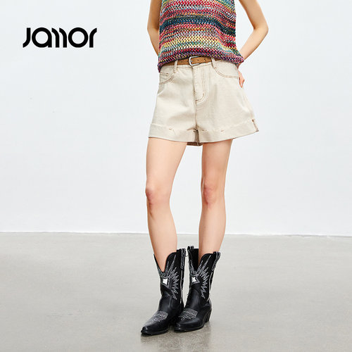 Jamor时尚简约卡其牛仔短裤送皮带2026夏季新款显瘦裤子女装