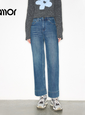 Jamor加墨时尚薄绒水洗蓝牛仔裤保暖显瘦直筒裤子2025冬季新款