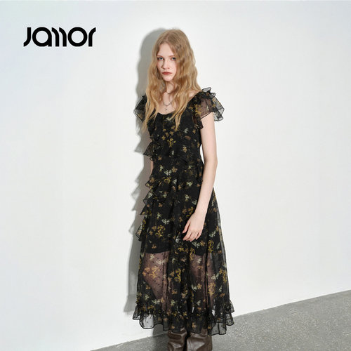Jamor加墨时尚碎花连衣裙子不规则荷叶边裙子2026夏季新款