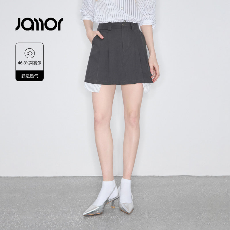 Jamor加墨时尚学院风灰色半身裙下摆拼接设计a字裙高级2026春季新