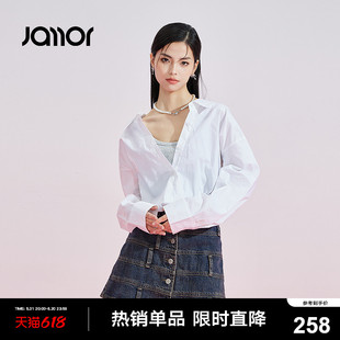 Jamor白灰撞色拼接衬衫女2024夏季新款时尚假两件甜酷上衣
