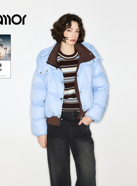 【商场同款】Jamor加墨时尚蓝色拼接羽绒服2025冬季新款JAY584716