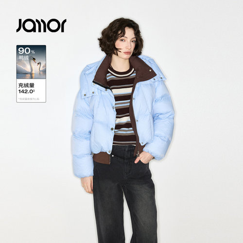 【商场同款】Jamor加墨时尚蓝色拼接羽绒服2025冬季新款JAY584716