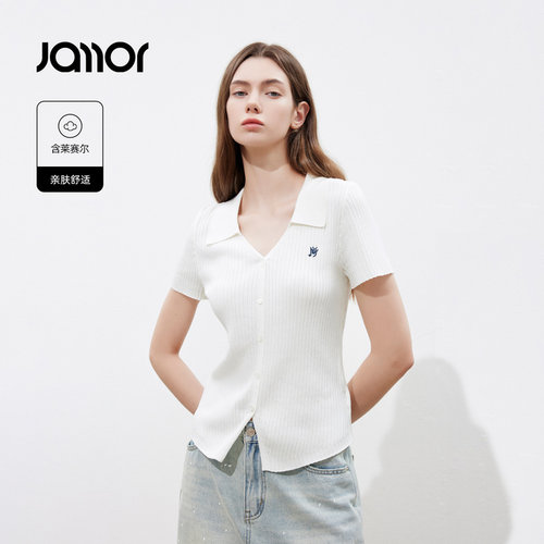 Jamor加墨时尚小V领简约针织衫短袖上衣女装2026夏季新款